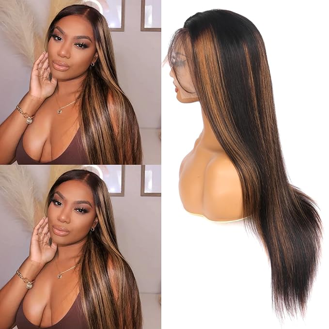 Straight Wigs Human Hair 1B/30 Highlight Ombre Lace Front Wig Human Hair 13x4 Transparent Lace Frontal Black with Brown Highlight Wig for Women 200 Density Glueless Wigs 24 Inch