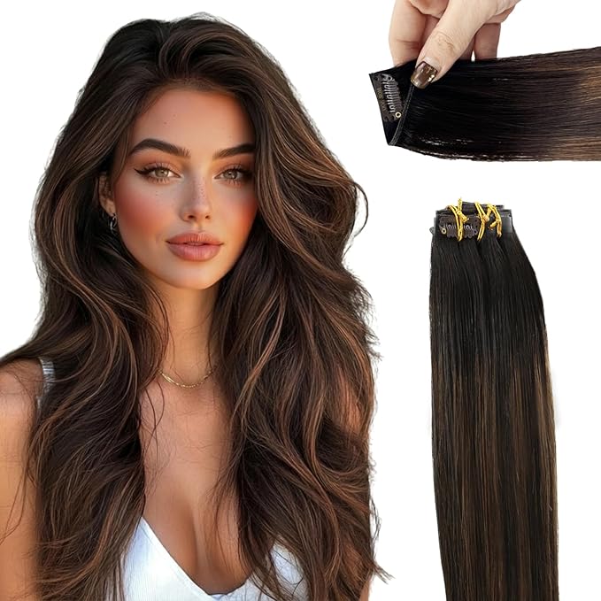 Moresoo Clip in Hair Extensions Real Human Hair Genius Balayage Dark Brown to Medium Brown Seamless Clip in Hair Extensions Real Human Hair 18 inch 120G 7Pcs