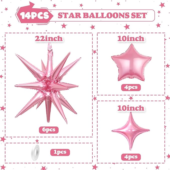 14pcs Pink Star Balloons, Mixed Star Foil Balloon, 22Inch Explosion Stars - Image 2