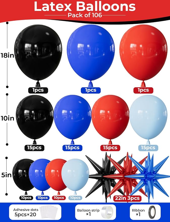 Black Red and Blue Balloon Arch Garland Kit, Birthday Party Decor | 106 Pcs Red - Image 2