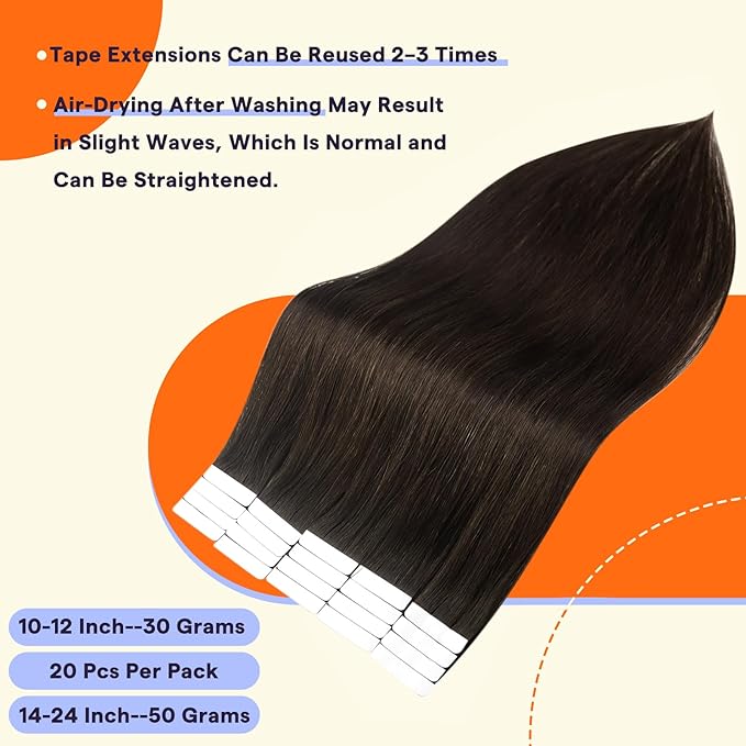 Full Shine Tape in Hair Extensions Human Hair Color 2 Dark Brown Invisible Double Sided Remy Tape Ins Human Hair Extensions 16 Inch Straight Seamless Skin Weft 20PCS 50g for Party