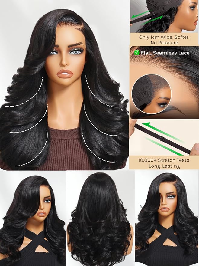 Julia Hair Bye Bye Slip Wig Feathered Layer Side Part Human Hair Wig 200% Density 7X5 Pre Cut Lace Closure Loose Body Wave Wigs Pre Everything Glueless with Secure Silicone Strips Drawstring 18 Inch