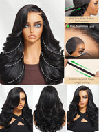 Julia Hair Bye Bye Slip Wig Feathered Layer Side Part Human Hair Wig 200% Density 7X5 Pre Cut Lace Closure Loose Body Wave Wigs Pre Everything Glueless with Secure Silicone Strips Drawstring 16 Inch