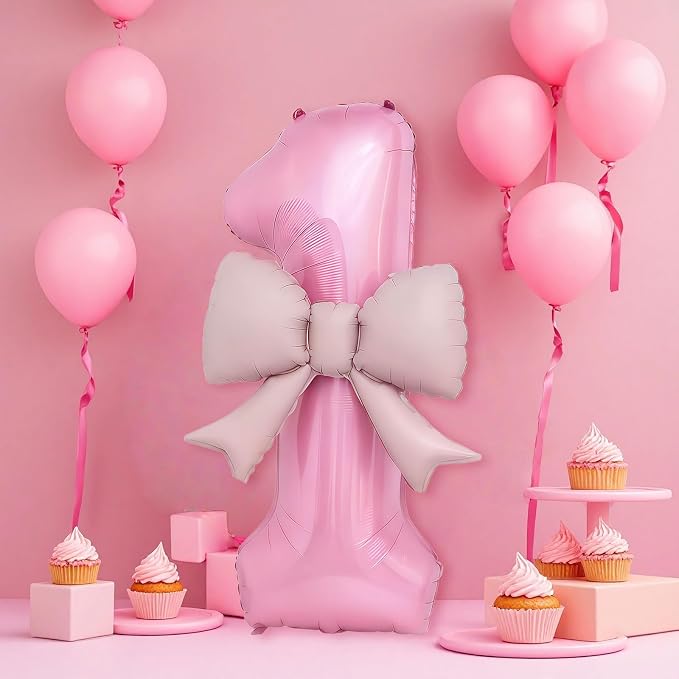 Bow Pink 1 Balloons, 40 Inch Giant Pink Bow Helium Foil Number 1 - Image 3