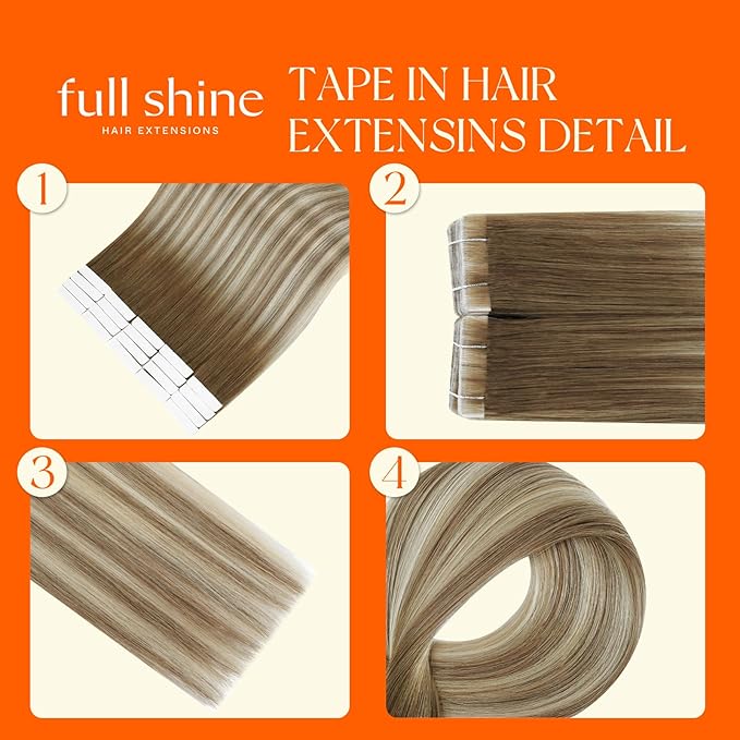Full Shine Seamless Tape in Human Hair Extensions Color Dark Brown 3 Fading to 8 and 22 Blonde Injected Machine Remy Invisible Tape in Hair Extension 22 Inch for Woman 20 Pcs 50G Add Length