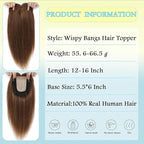 Hair Toppers for Women Real Human Hair, 360° 3D Toppers Pieces for Women with Thinning Crown Wispy Bangs 16 Inch Upgrade Big Basement (Light Brown, 16 Inch Wispy Bangs)