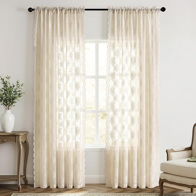 MIULEE Vintage Floral Scalloped Lace Curtains 2 Panels, Cream 52" W x 84" L | - Image 7