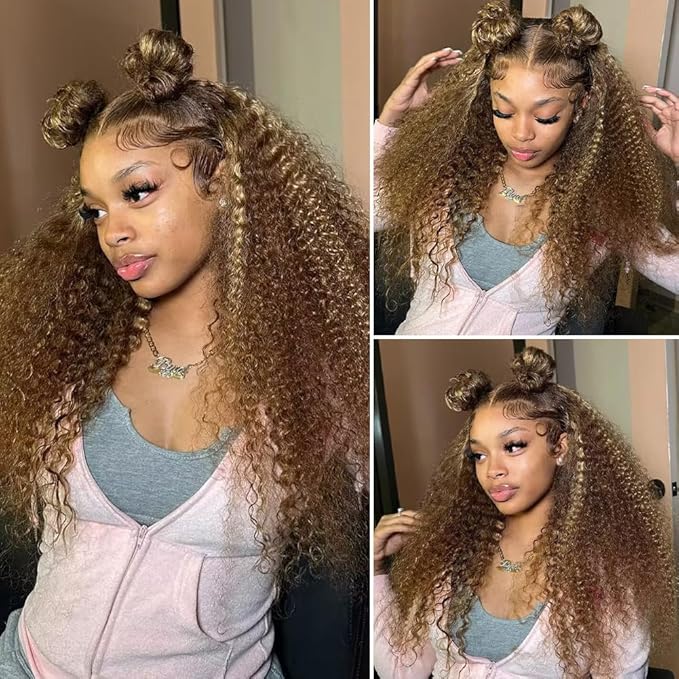 CYNOSURE 13x5 Honey Blonde Curly Wigs Human Hair 180% Density Highlight Ombre Deep Wave Curly 4/27 Colored HD Transparent Lace Front wig Human Hair Pre Plucked with Baby Hair 28 Inch