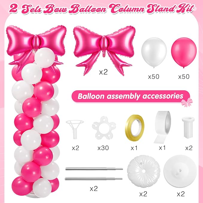 2 Sets Hot Pink White Bow Balloon Column Stand Kit Includes 2 Bows & 100 Latex - Image 2