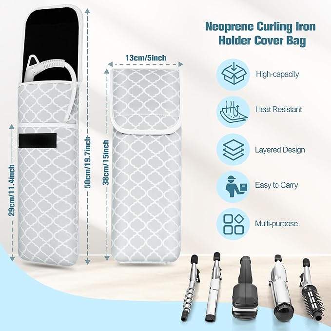 Women's Heat Resistant Neoprene Curling Iron Holder Flat Iron Curling Wand Travel Storage Cover Case Bag Pouch -Water-Resistant (Grey-1)