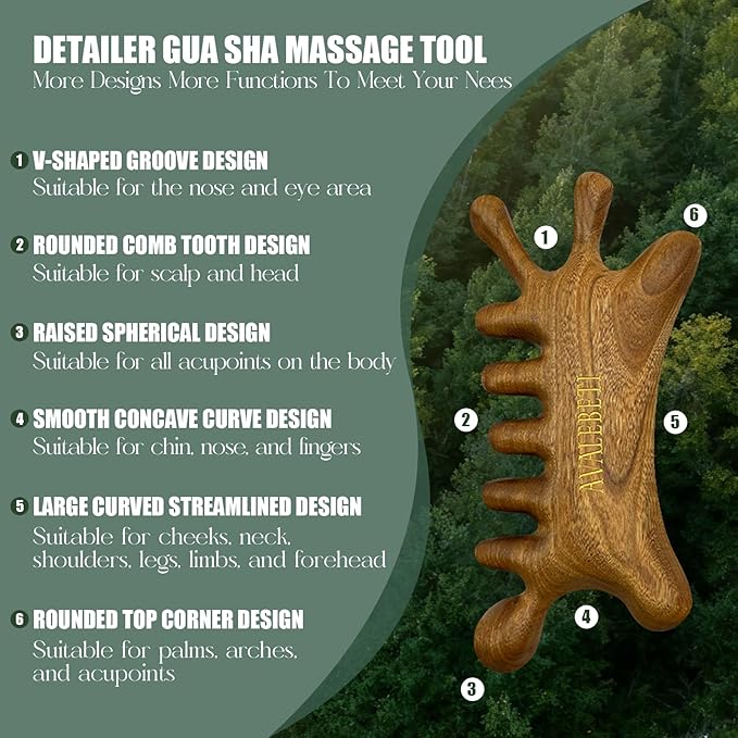 6-in-1 Gua Sha Tool for Face & Body, Natural Sandalwood – Lymphatic Drainage, Jaw Lifting & Nose Sculpting, Head Scalp Massage Comb for Stress Relief, Home Office Self Care Gifts for Women
