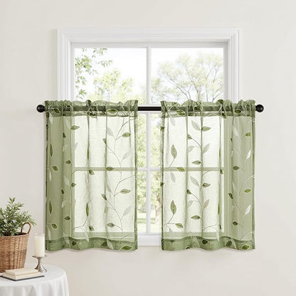 MIULEE Sage Green Sheer Curtains 2 Panels Leaf Patterned, W30 x L24 | - Image 2