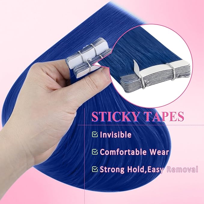 YoungSee Tape in Hair Extensions Human Hair Blue Human Hair Tape in Extensions Blue Tape in Human Hair Extensions 12Inch Short for Women 10Pcs 25G