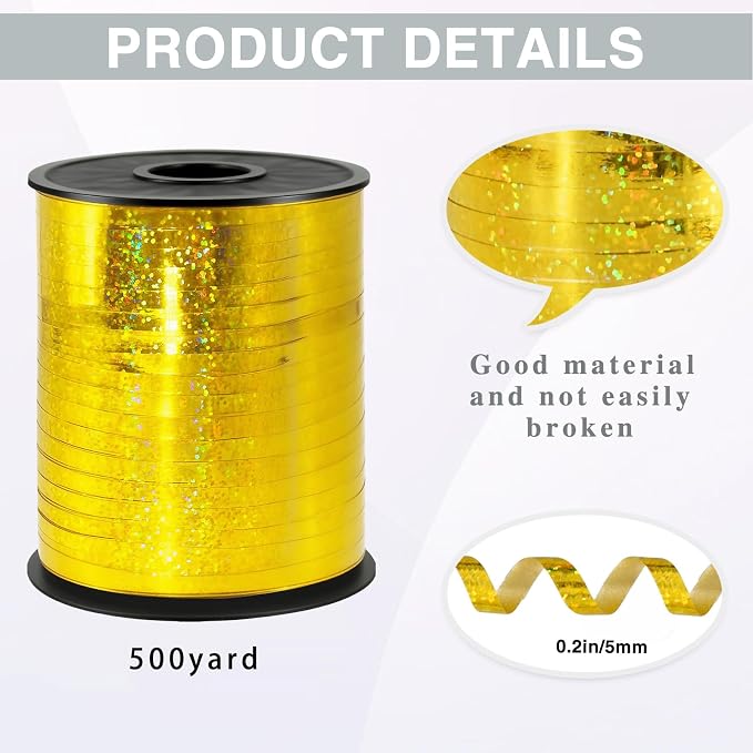 500 Yards Golden Laser Curling Ribbon, 1/5" Holographic Curly Ribbons, Curling - Image 2