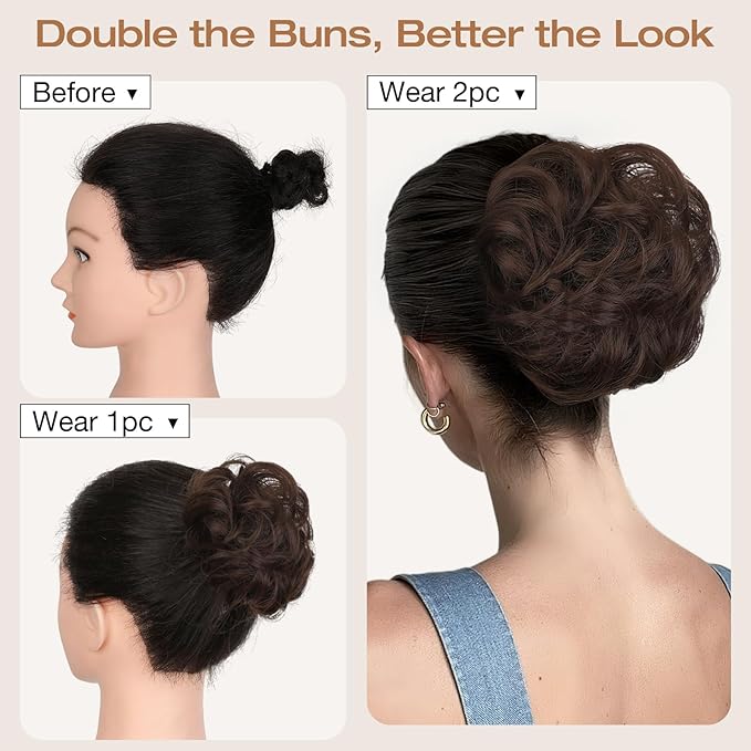 Messy Bun Hair Piece Wavy Curly Scrunchies Fluffy Donut Thick Updo Elegant Chignon Hairpieces for Women Girls, Dark Auburn 1.4oz