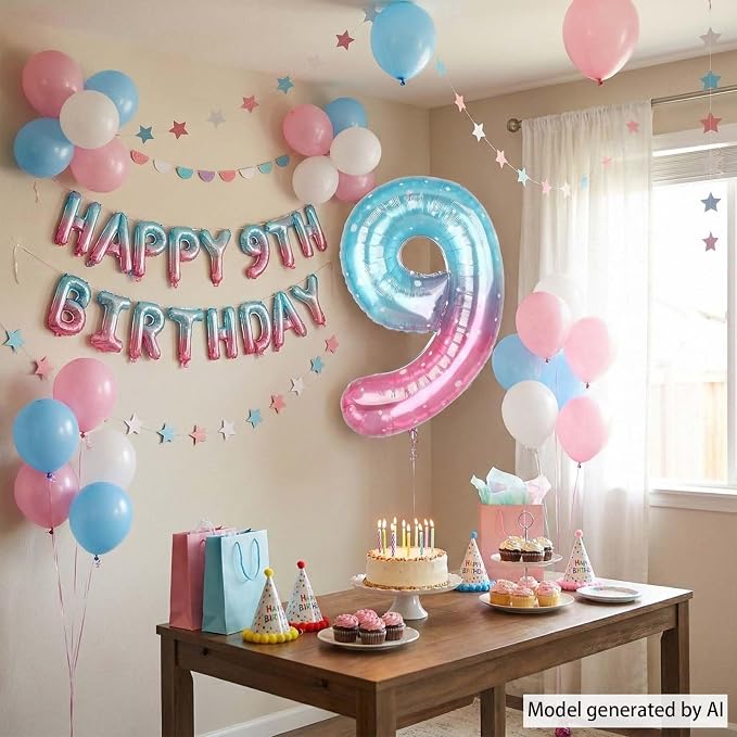 40 Inch Pink Blue Number 9 Balloon, Large Gradient Foil 9 Balloon - Image 6
