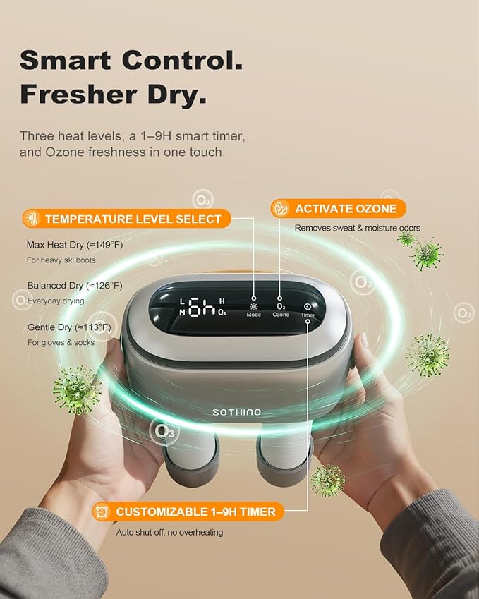 SOTHING Boot Dryer, 95W Rapid Drying with 3 Heat Levels, Ozone Fresh Mode, 1–9H Timer, Smart Touch Panel, Retractable Hoses & Overheat Protection – Portable Ski Boot & Snowboard Boot Dryer