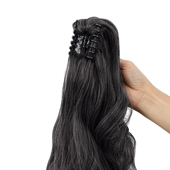 Claw Clip Ponytail Extension 18" Clip in Wavy Ponytail Hair Extensions Long Pony Tails for Women Extensions Dark Brown mix White Wave Hairpiece