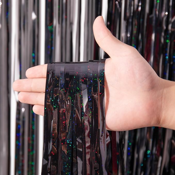 Voircoloria Laser Black Foil Fringe Backdrop Curtains, 2 Pack | Tinsel Streamers - Image 2