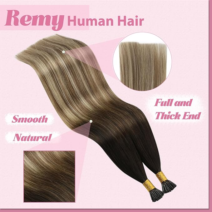 YoungSee Itip Hair Extensions Brown Balayage 14 Inch I Tip Hair Extensions Human Hair Dark Brown Ombre Medium Brown with Blonde Itip Hair Extension Real Human Hair Short Straight Hair 80s 50g