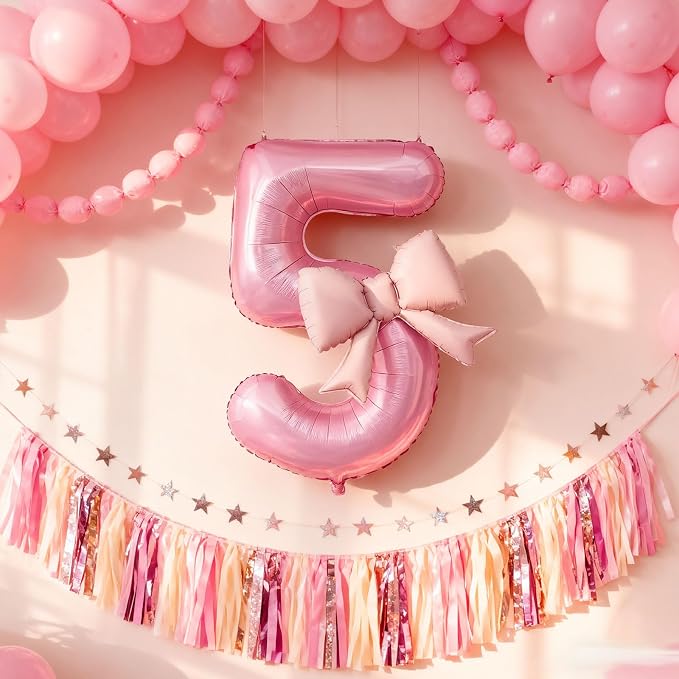 Bow Pink 5 Balloons, 40 Inch Giant Pink Bow Helium Foil Number 5 - Image 4