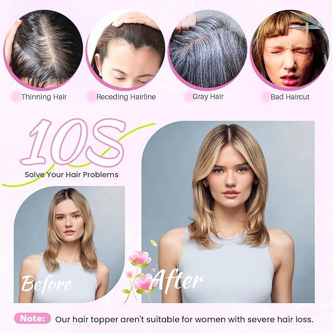 YAMI Hair Toppers for Women Fluffy Human Hair Topper 10inch Handmade Swiss Base Hairpieces 360° Cover Hairloss (Medium Brown Mix Blonde with Dark Brown Root)