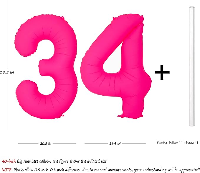 Pink Birthday Number 34 Balloons 40IN Fluorescent Pink 43 Foil Balloon | - Image 2