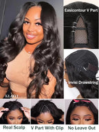 KLAIYI EasiContour V Part Wig Human Hair Body Wave Glueless Upgrade U Part Wig No Leave Out No Gel Clip in Half Wig V Shape Pull and Go Beginner Friendly Ready to Wear Natural Black Color 150% 14Inch