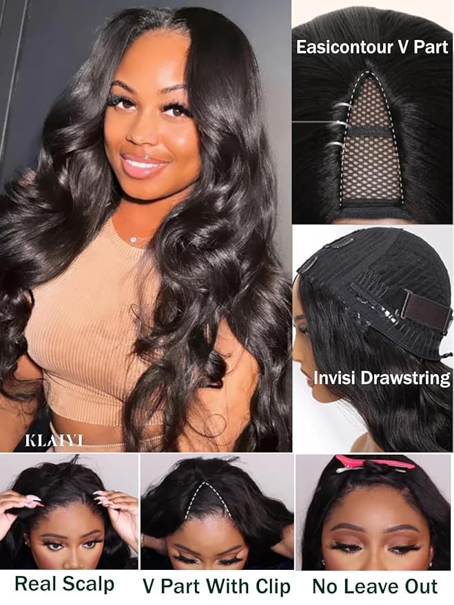 KLAIYI EasiContour V Part Wig Human Hair Body Wave Glueless Upgrade U Part Wig No Leave Out No Gel Clip in Half Wig V Shape Pull and Go Beginner Friendly Ready to Wear Natural Black Color 150% 18Inch