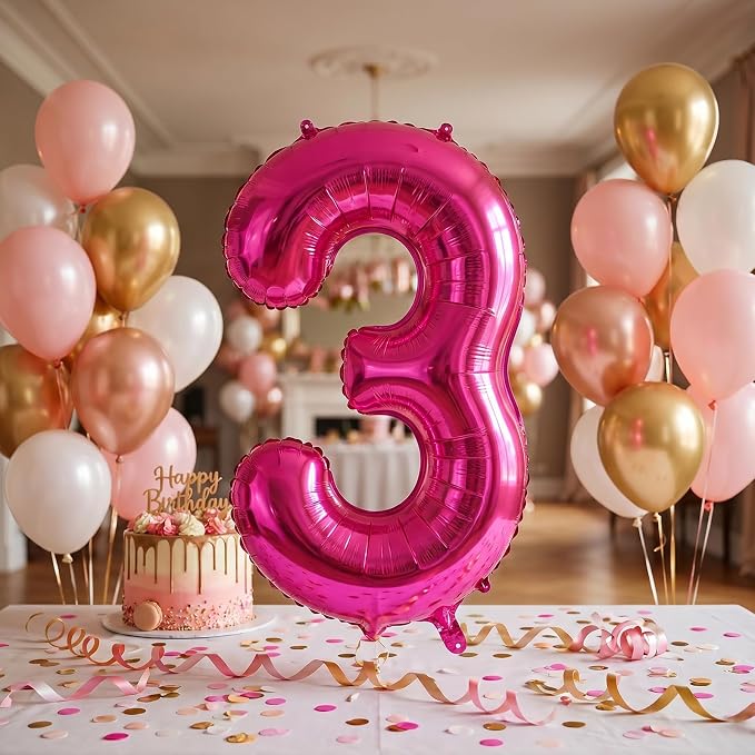 40 Inch Hot Pink Number 3 Balloon, Giant Number Balloons, Birthday Decor | - Image 4