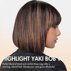 Bob Wig Human Hair with Bangs Glueless 2.5x1 HD Lace Colsure Wigs Human,Yaki Bob Wig with Brown Highlights, Ready to Go Short Wigs For Women Beginner Friendly 14 Inch