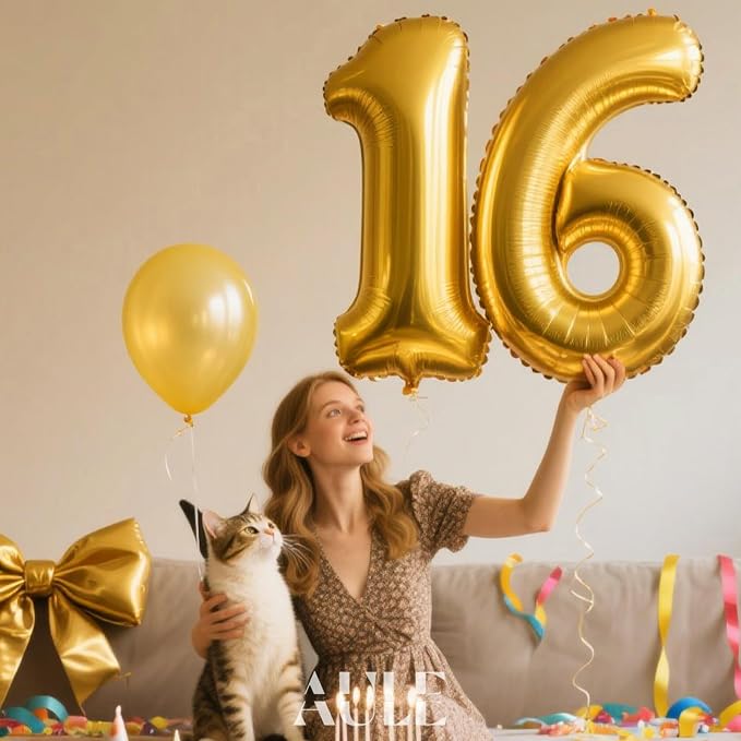 AULE 40 Inch Gold 16 Balloon Number Foil 0-9 Birthday Big Numbers | Birthday - Image 2