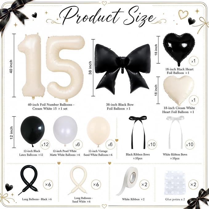 Beige Number 15 Balloon 40 Inch, Double Stuff Pearl White Black Cream Latex - Image 2