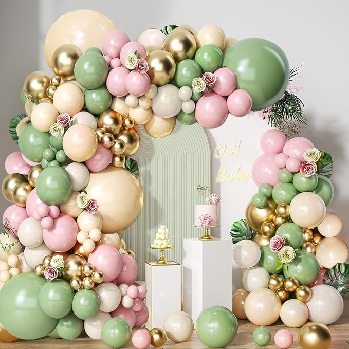 Sage Green Pink Balloon Arch Kit, Olive Green Light Pink Nude Sand White Gold - Image 7