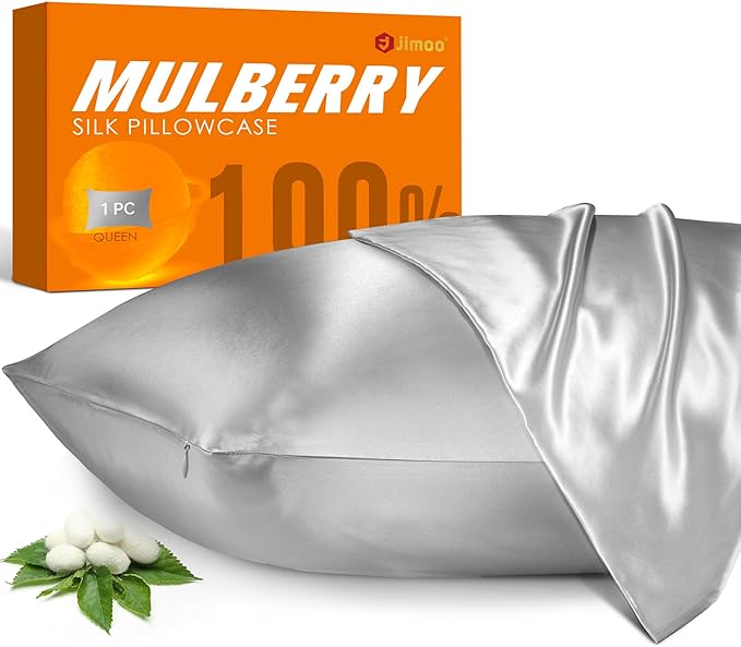 100% Mulberry Silk Pillowcase for Hair and Skin, 22 Momme Pure Natural Silk Pillow Case Both Sided with Zipper, Pillow Cover for Women Mom Men (Silver Grey, King 20''×40'', 1 Pack)
