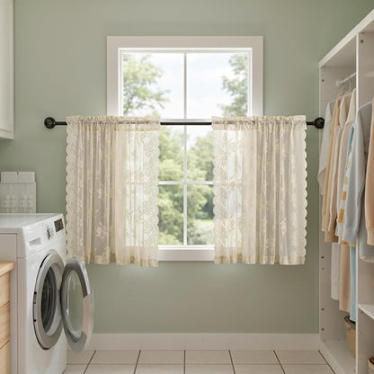 Kotile Beige Lace Kitchen Curtains Country Floral W42 x L36 Inch, 2 Panels | - Image 5