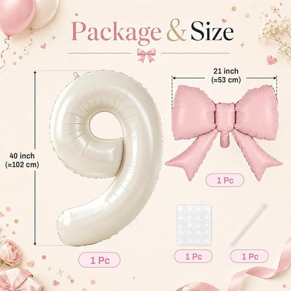 Beige Number 9 Balloons with Pink Bow, 40 Inch Giant Self Inflating Cream Foil - Image 2