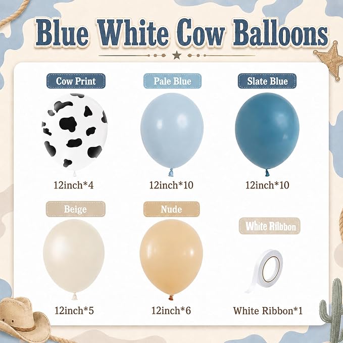 Dusty Blue White Cow Print Balloons 12inch Cowboy Rodeo Birthday Decoration | - Image 4