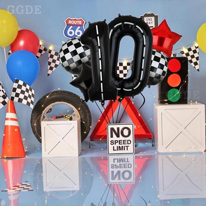 Race Car Birthday Balloons 40 Inch Racetrack Number Balloon 0 Black 5 Pcs | - Image 4