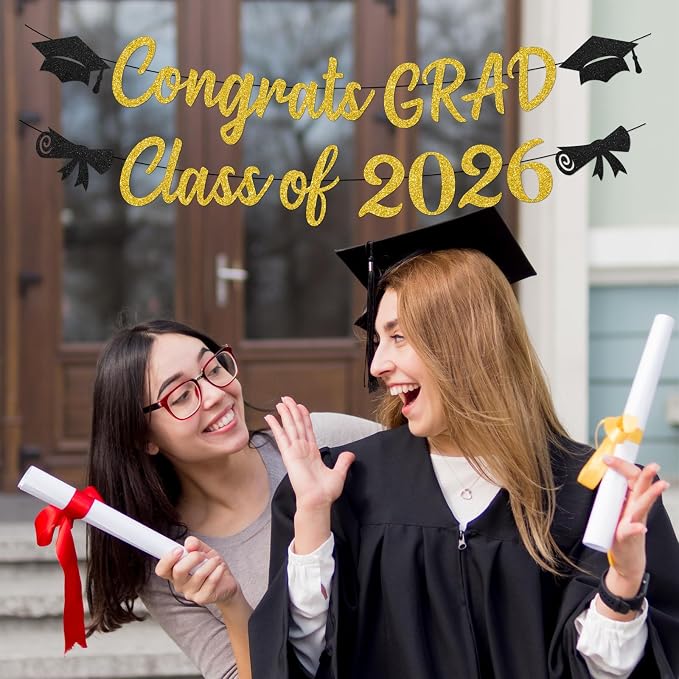 Black and Gold Graduation Banner 2026, Glitter Black and Gold Congrats Grad - Image 5