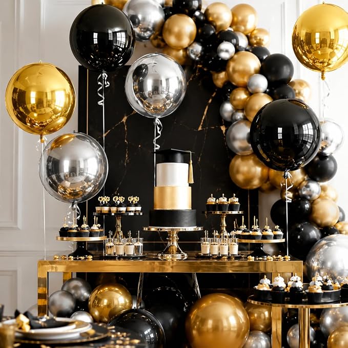 Black and Gold Round Foil Balloons, 22 Inch 4D Sphere Metallic Balloons - Image 5