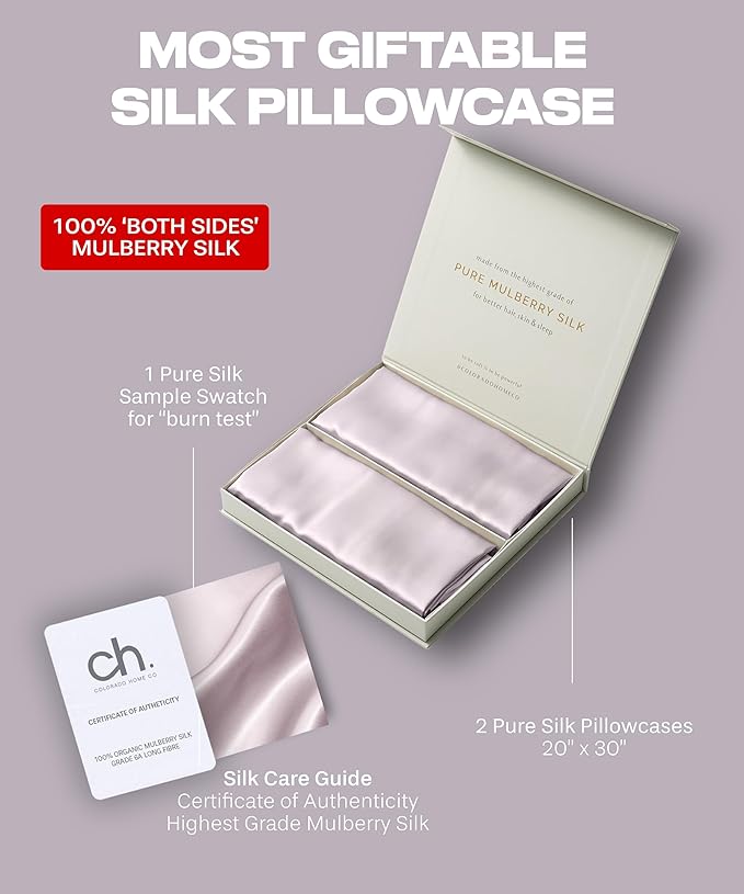 Sunday Silks™ | Silk Pillow Cases 2 Pack | 22 Momme Mulberry Silk Pillowcase Set of 2 | All Sides 100% Pure Silk Slip Pillowcases Bliss for Couples, Zipper | Standard Queen, King Size, 6A [Lavender]