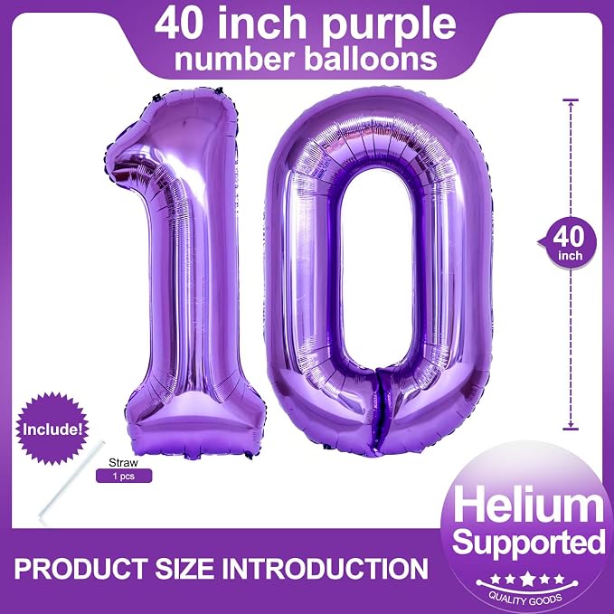 Number 10 Purple Balloons 40 Inch Giant Purple 10 Number Foil Helium Balloons - Image 2