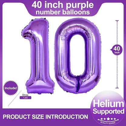 Number 10 Purple Balloons 40 Inch Giant Purple 10 Number Foil Helium Balloons - Image 2