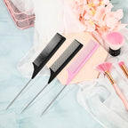 Leinuosen 3 Packs Rat Tail Comb Steel Pin Rat Tail Carbon Fiber Heat Resistant Teasing Combs with Stainless Steel Pintail (Pink, Black)