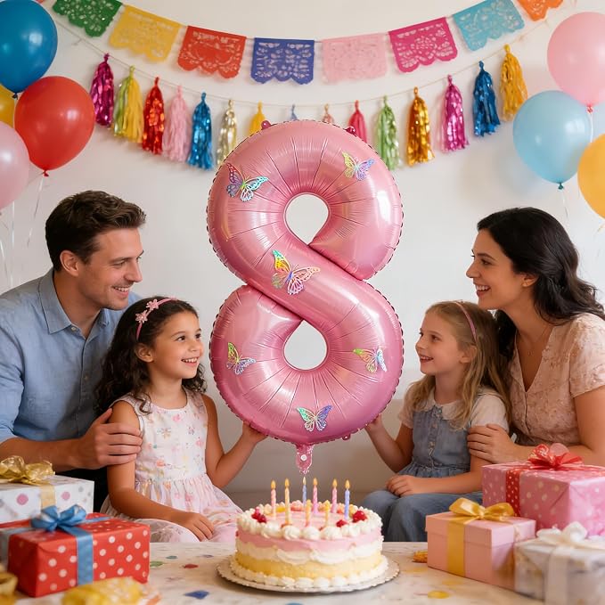 40 Inch Number Balloon Pink Large Mylar Foil Pink Number Balloons and Butterfly - Image 5