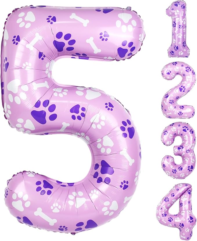 40 Inch Pink Dog Paw Birthday Balloons, Numeral 5 Balloons by AXBMM