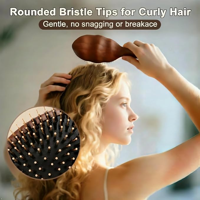 Boar Bristle Hair Brush-Gentle on Scalp with No Pulling,for Smooth,Shiny Hair and Reduced Static.Detangling Hairbrush for Fine,Thin,and Curly Hair with Scalp Massage.