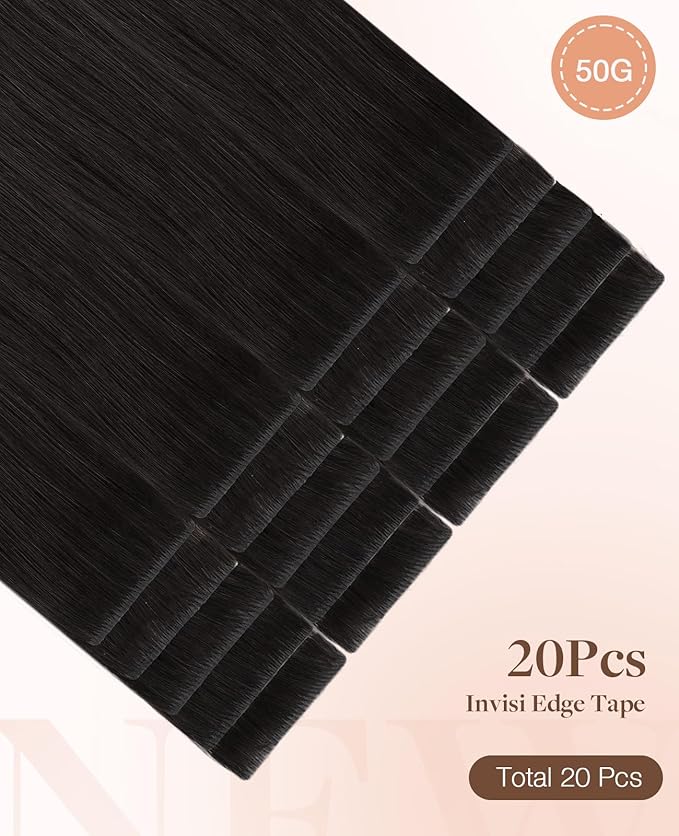 GOO GOO Invisi Edge Tape in Hair Extensions Human Hair, 1B Natural black 20pcs 22inch 50g, Virgin Remy Hair, Seamless Injected Tape, Natural Look