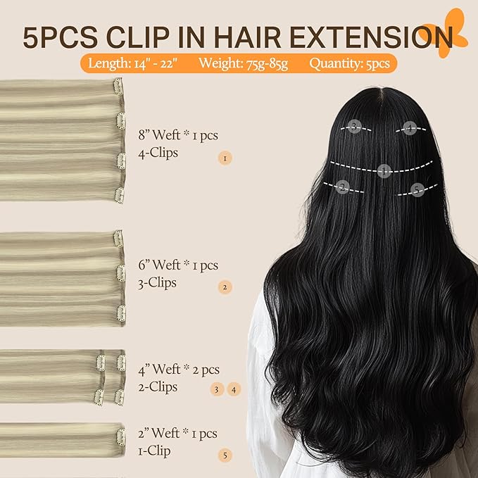 DOORES Hair Extensions Clip in Human Hair, 5pcs 80g Ash Blonde Highlighted Platinum Blonde 20 Inch, Remy Human Hair Clip in Extensions Straight Weft Clip ins for Women